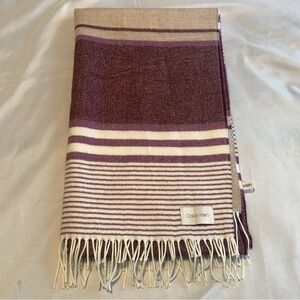 Calvin Klein CK Plum Wine Tan Stripe Oversized Scarf Blanket Shawl SOFT 78x24”